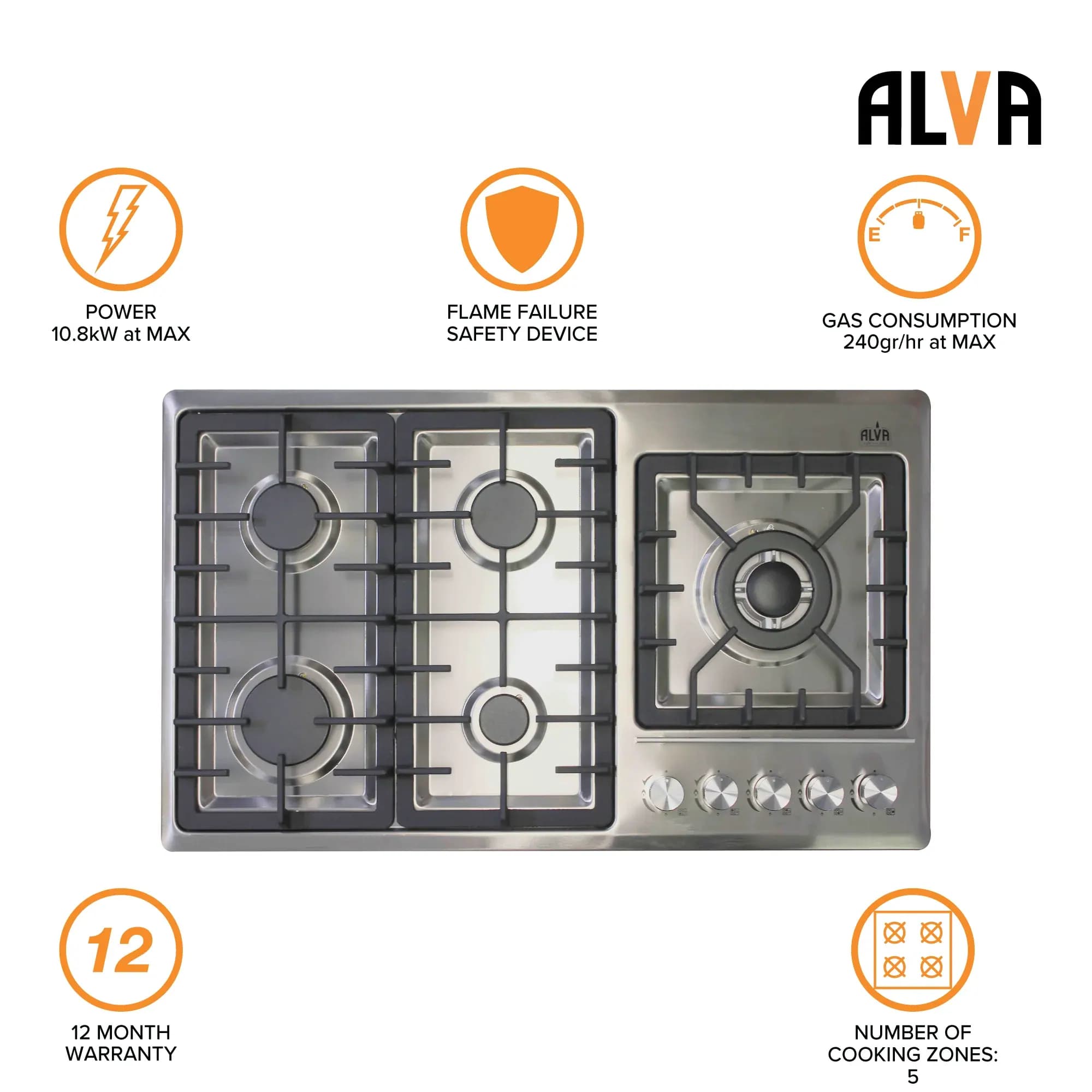 90cm 5-burner Gas Hob | Stainless Steel Top | Wok Burner | Lpg Compatible