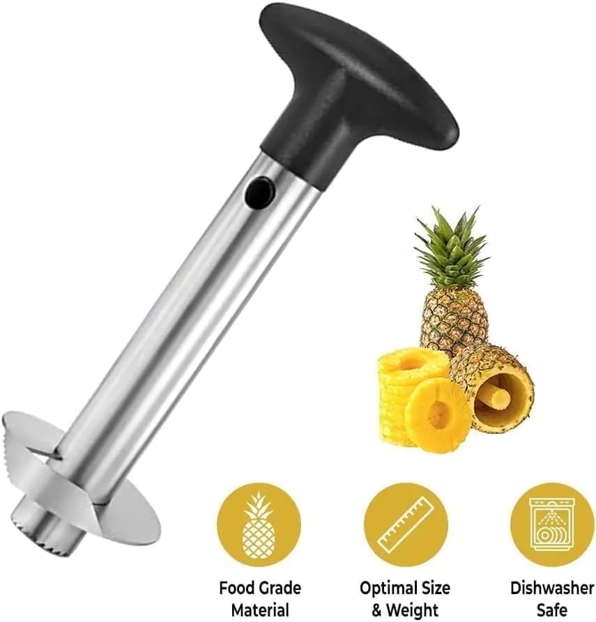 Pineapple corer and slicer, designed to hollow out, core, and slice a fresh pineapple simultaneously.