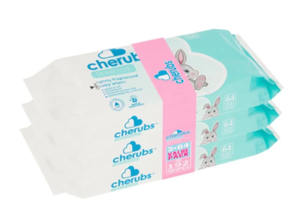 Cherubs Sensitive Lightly Fragranced Baby Wipes Value Pack (3 x 64 Pack - 192 Wipes)