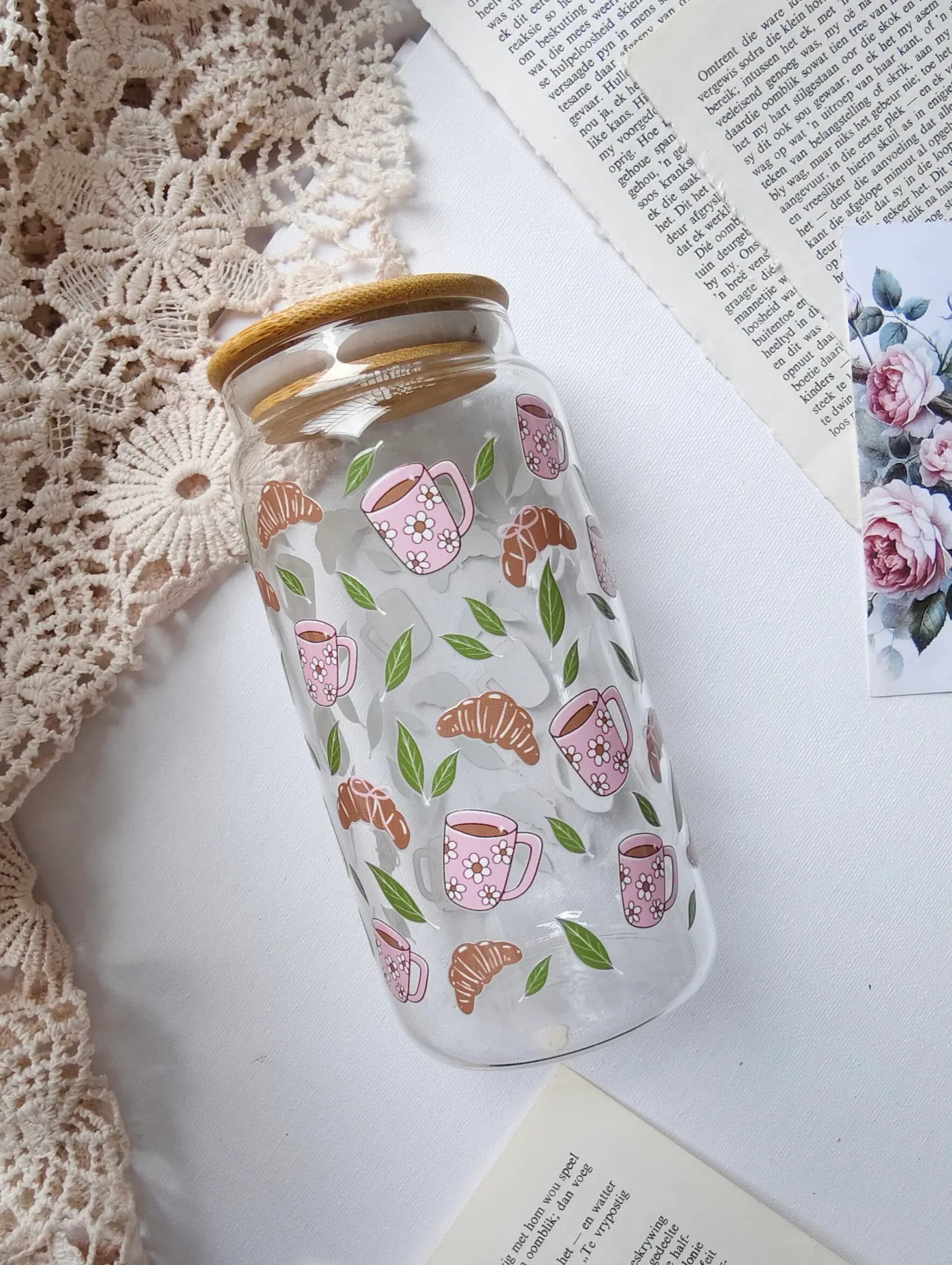 Miss Croissant & Coffee Glass Jar