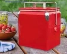 Retro Metal Cooler Box, with Chrome Accents 13L Vintage Style, Portable Handle, Outdoor Picnic Use, Stainless Trim, Insulated Storage