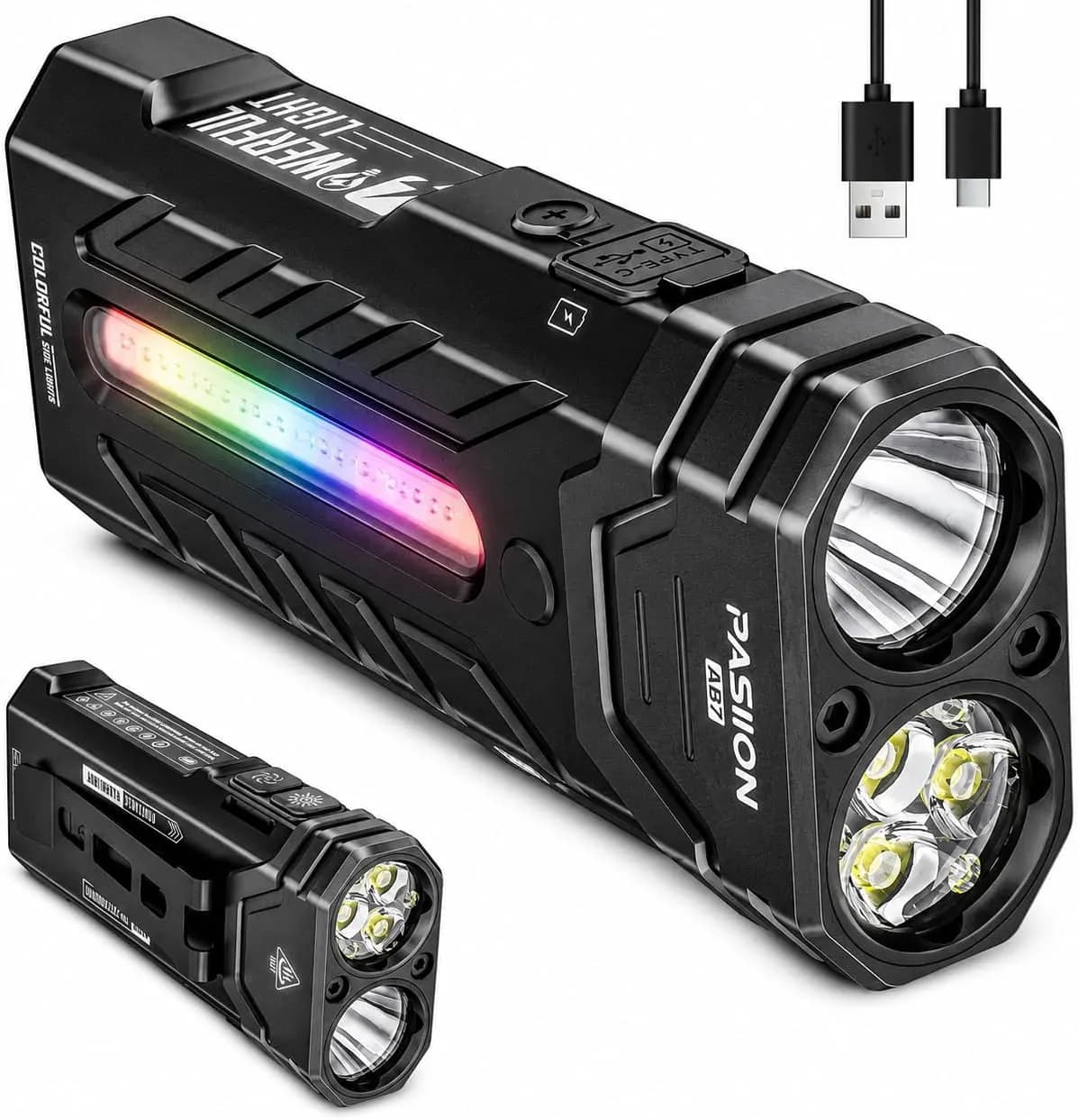 Every-Day-Carry Rechargeable Flashlight 3250 Lumens with RGB Light -  Multi-functional Flat Flashlight with Floodlight, Spotlight and Magnetic Base