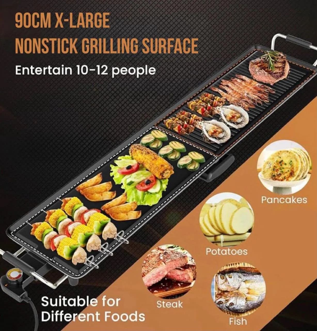 Akne Electric Barbecue Grill, Non-Stick Griddle Pan, 90cm x 24cm, 1800W, Black