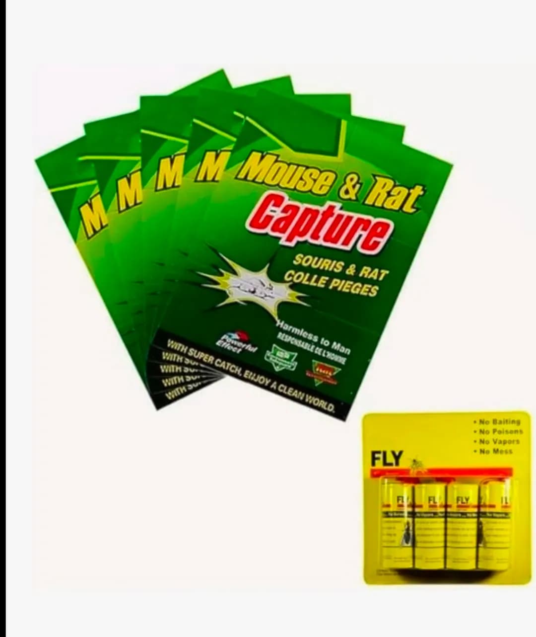 Pack of 5 Mouse, Rat and Fly Trap Combo Keep your home or workspace cleaner with this practical pest-control combo, featuring mouse and rat glue traps and fly-catching strips.