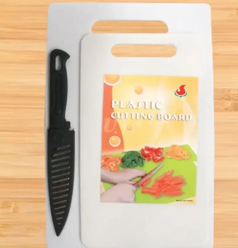3-Piece Plastic Cutting Board Set (Large & Mini Boards + Sheathed Paring Knife) - White