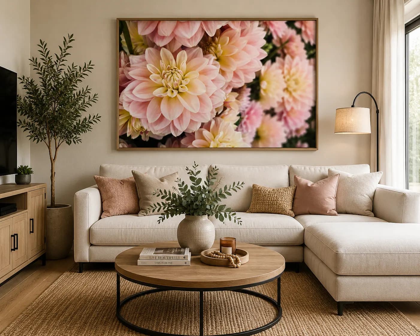 Peach Dahlia Floral Wall Art – Soft Pink Flower Canvas A1