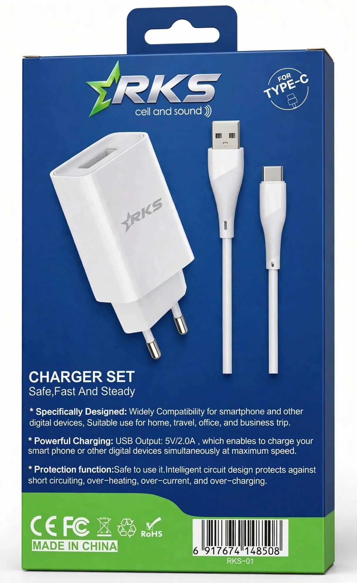RKS-01 Charger set- Wall charger + USB to Type C cable- Fast Charging
