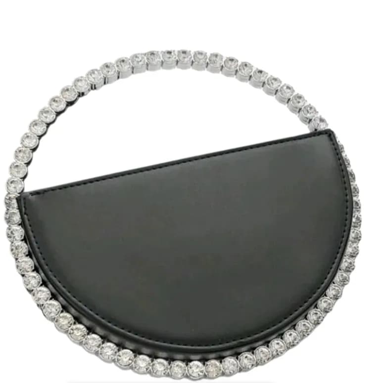Elegant Semi Circle Black Handbag with Crystal Handle