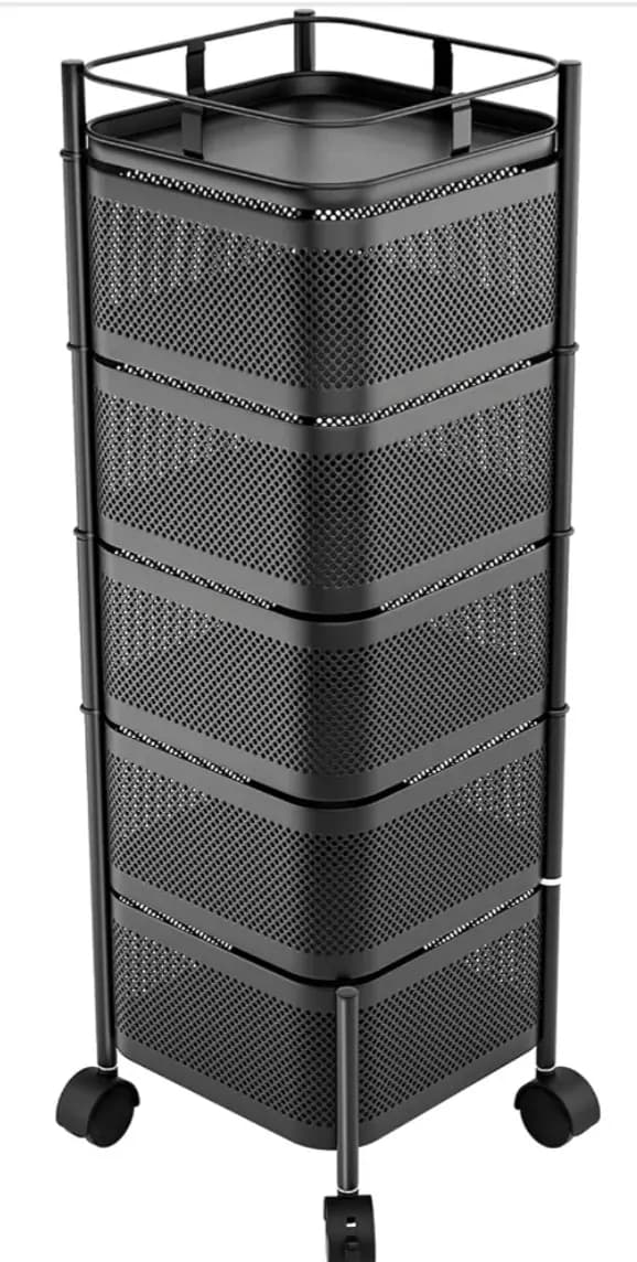 Fruit and Vegetable Basket for Kitchen with Wheels, 5 Tier Rotating Storage Rack Cart, Metal Wire Shelf with Top Lid for Living Room/Kitchen/Office Black 5-Layers