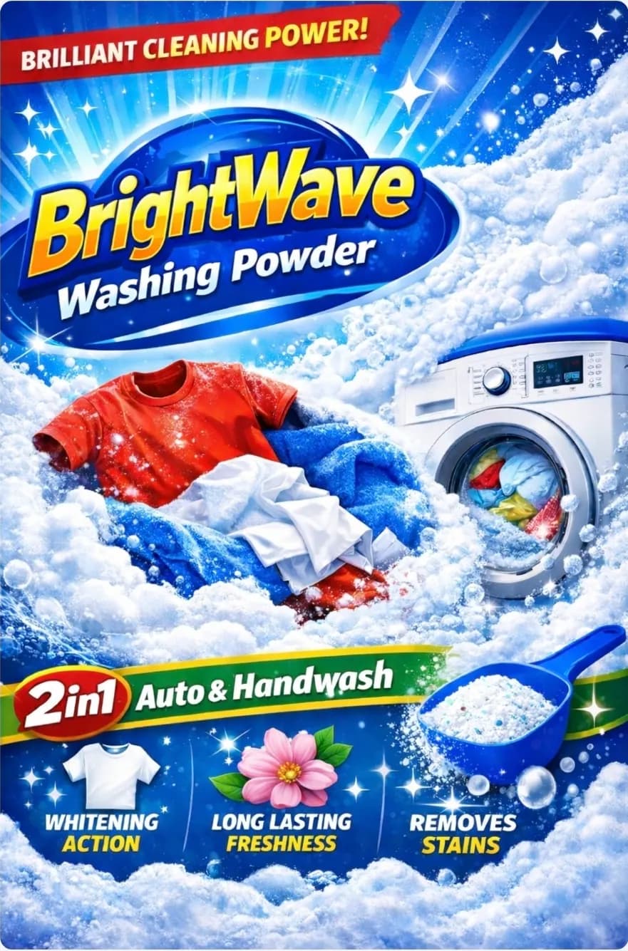 BrightWave Washing Powder 5kg – 2-in-1 Laundry Detergent for Handwash & Automatic Machines