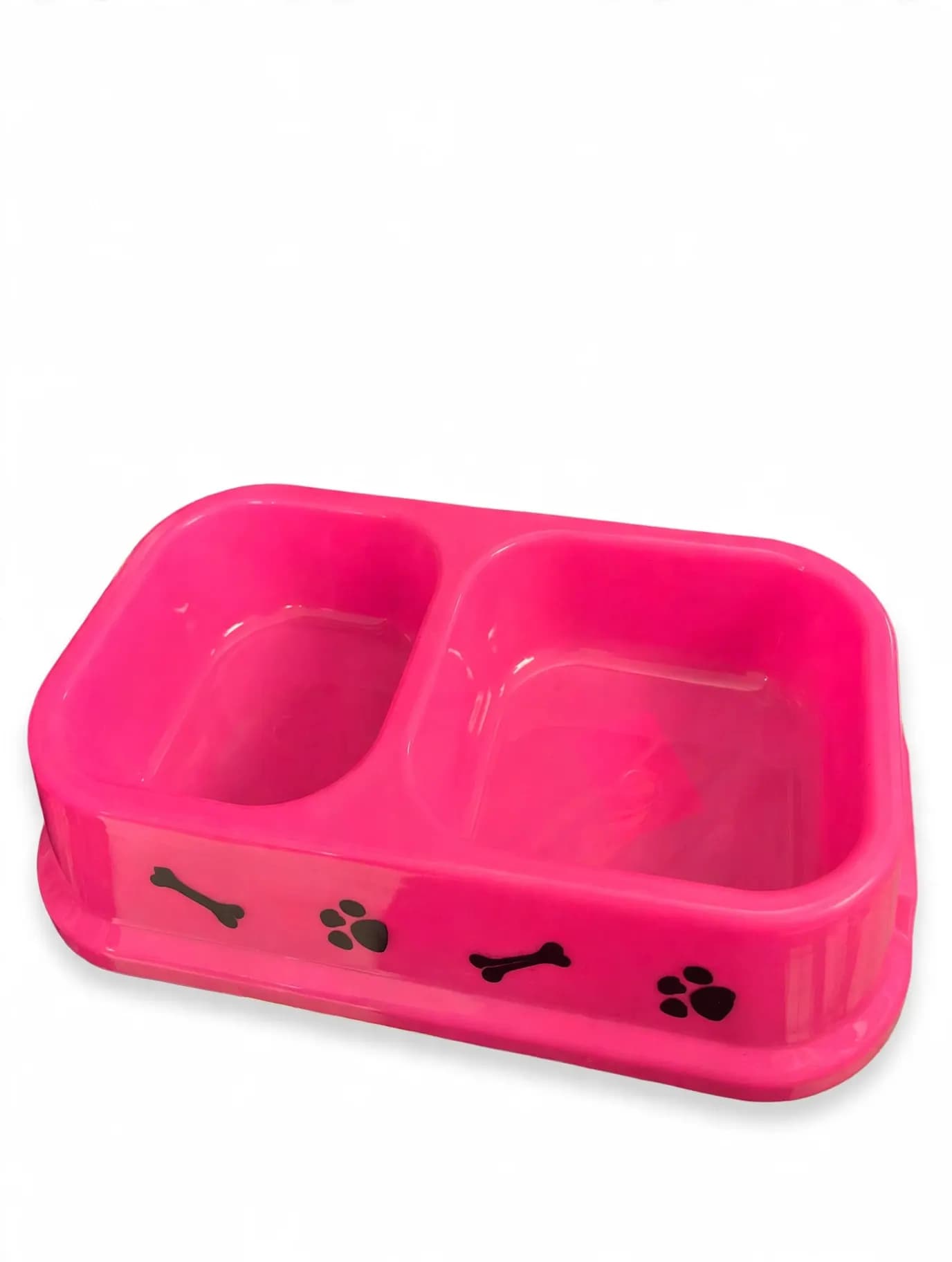 Plastic Double Pet Food & Water Bowl Diner with Paw Print Design (Pink)