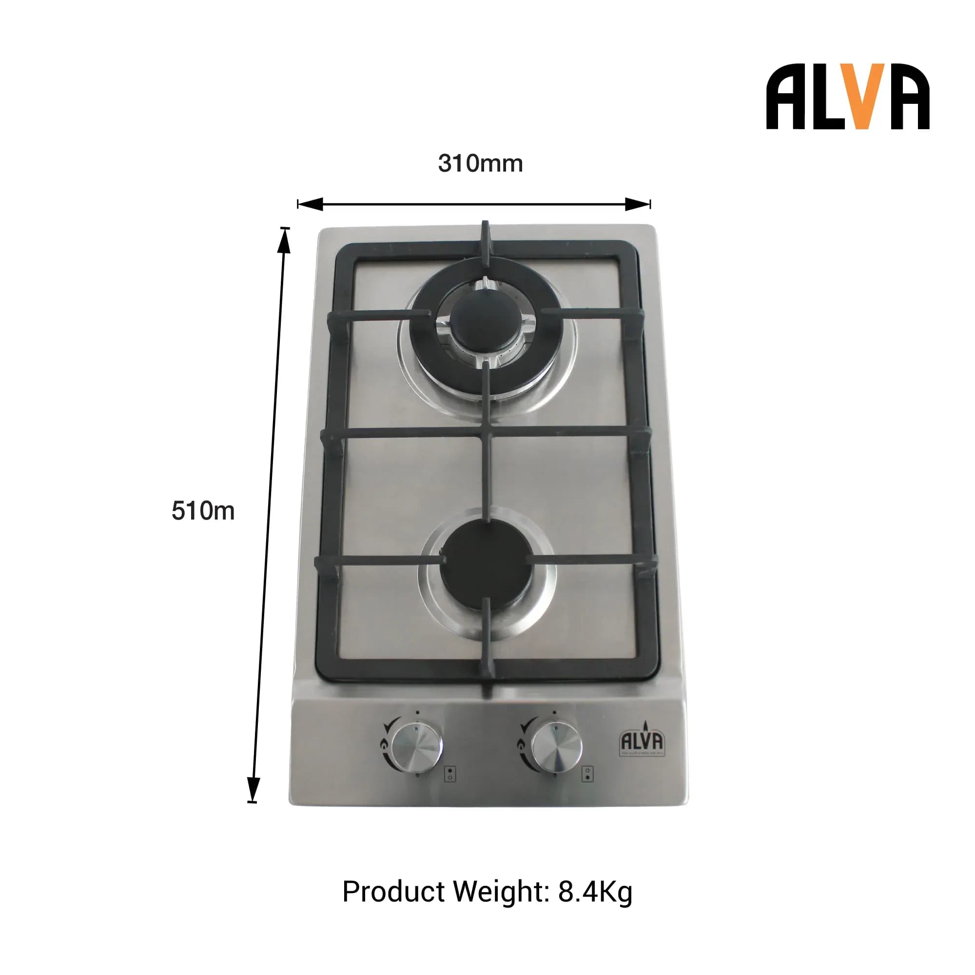 30cm 2-burner Gas Hob - Stainless Steel