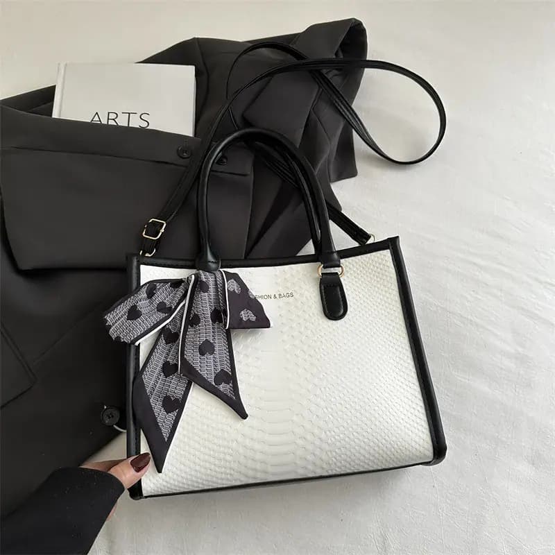 Snake Print Contrast Trim Top-Handle Tote Bag with Decorative Heart Silk Scarf