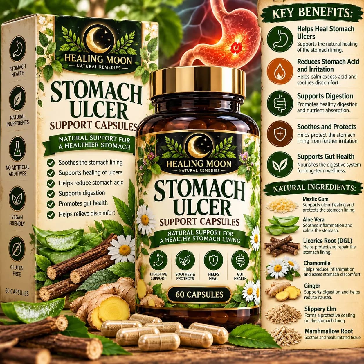 Healing Moon Stomach Ulcer Support Capsules (60 capsules)
