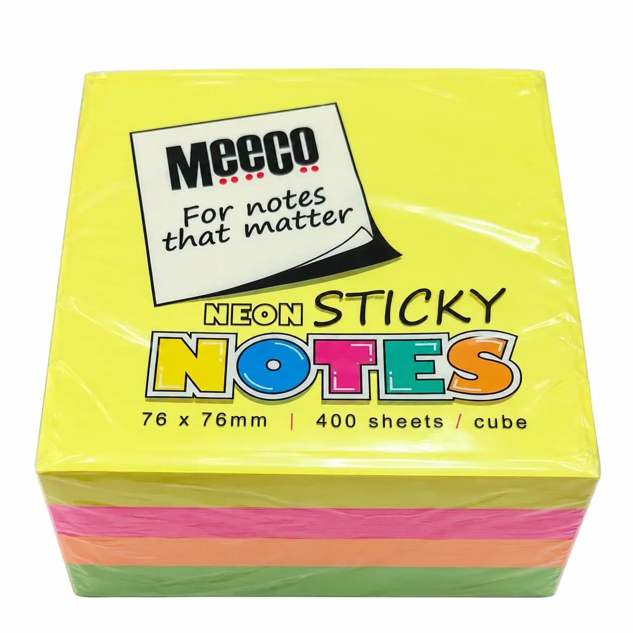 Meeco Neon Sticky Notes Cube 76 x 76mm – 400 Sheets