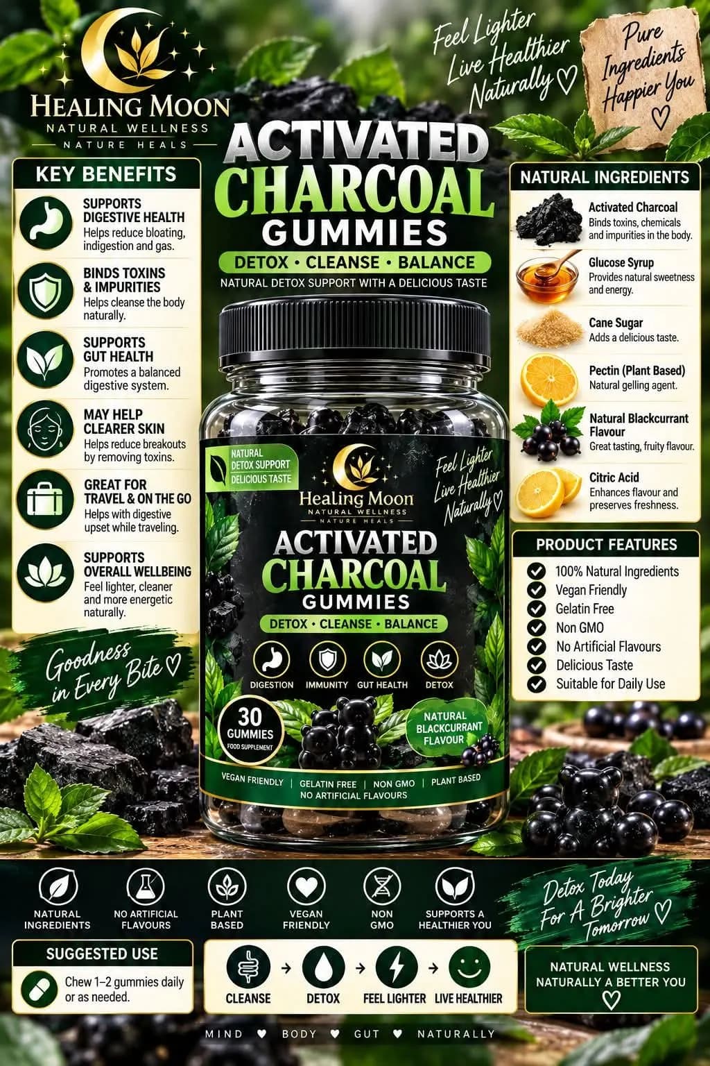 Healing Moon Activated charcoal Gummys (30 gummies)