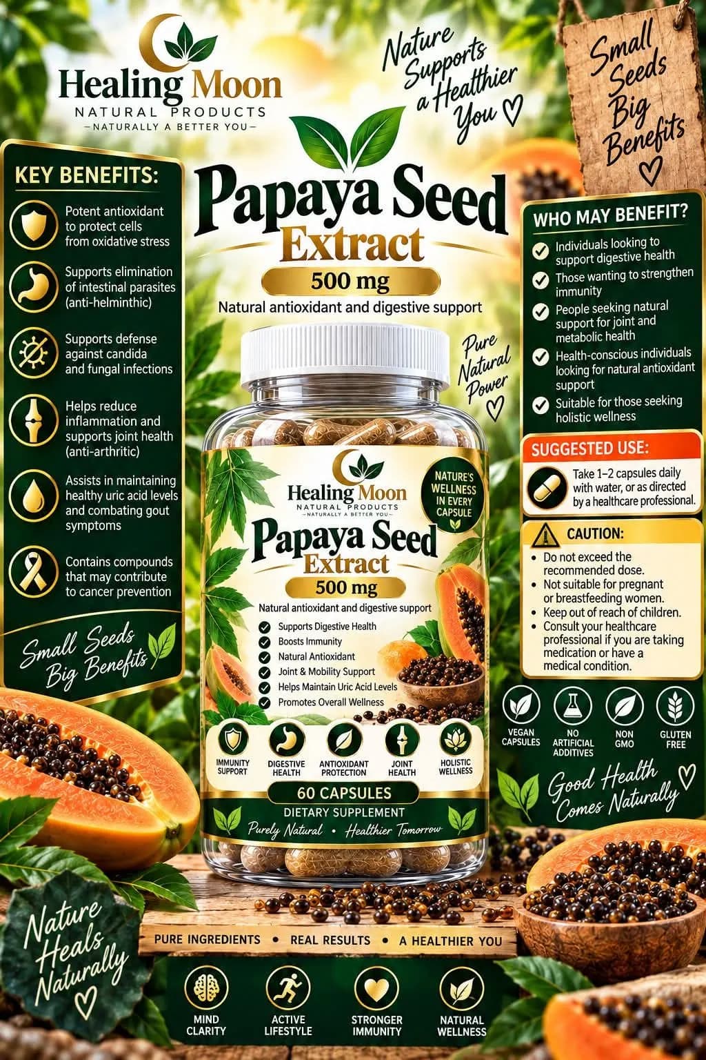 Healing Moon papaya Seed Extract 500 mg (60 Capsules)